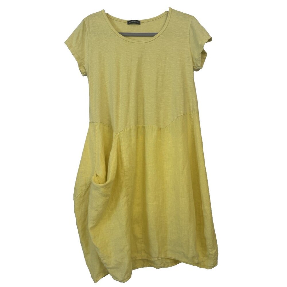 Made in Italy Yellow Cotton Pocket O/S Lagenlook Parachute Short Sleeve Dress